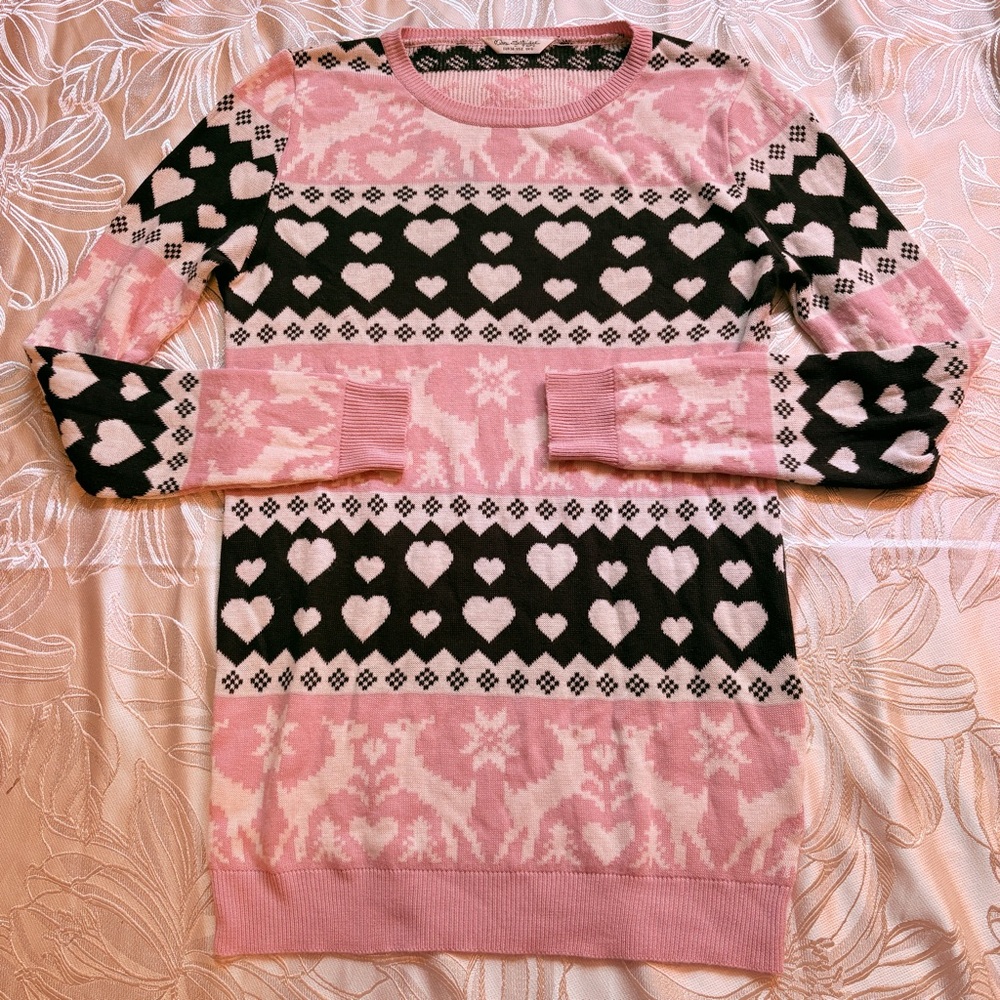 Vintage Pink and Black Heart-Pattern Women's Sweater - Size 2 (Small)